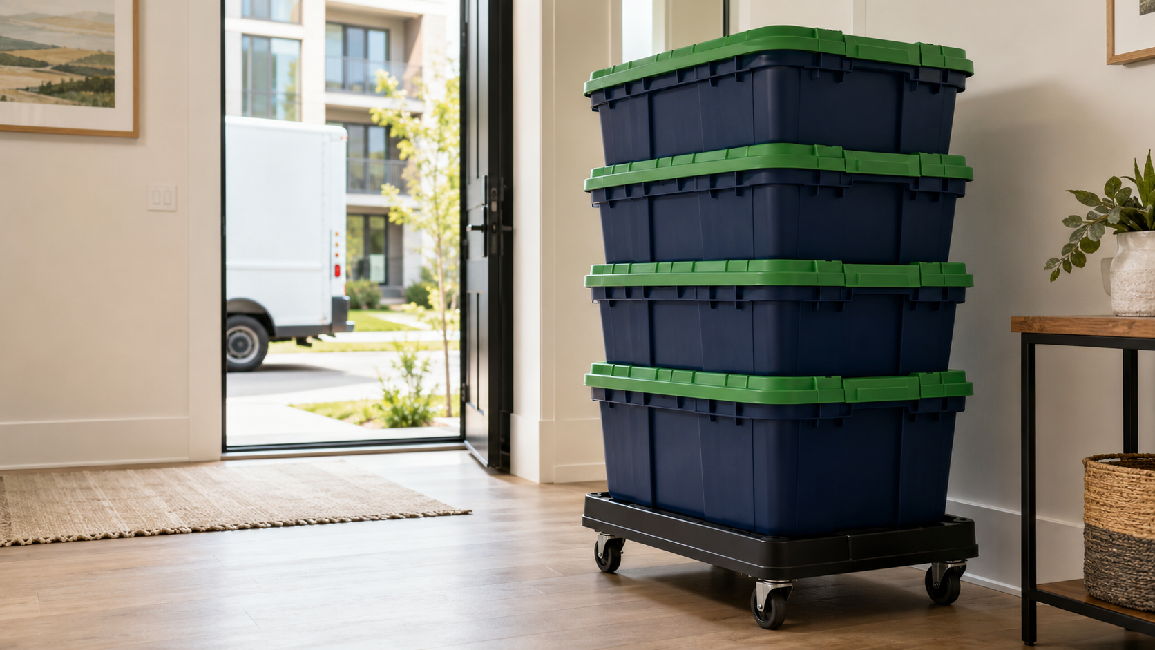 Reusable moving totes stacked on a dolly in a bright apartment