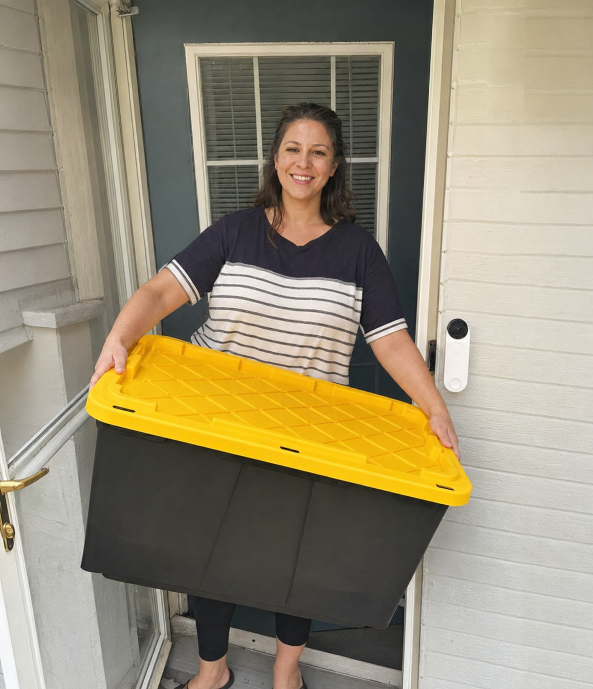 Reusable black moving totes with removable yellow lids